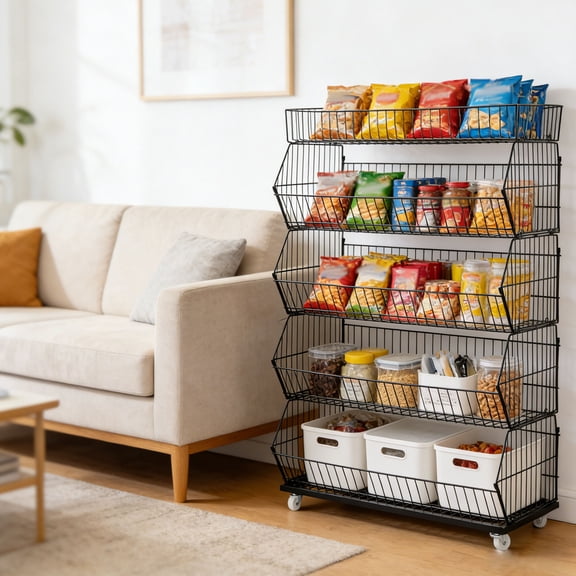 5-Tier Iron Retail Display Rack Modern Storage Solution for Fruits, Vegetables, and More Mobile with Wheels Ample Load-Bearing Capacity