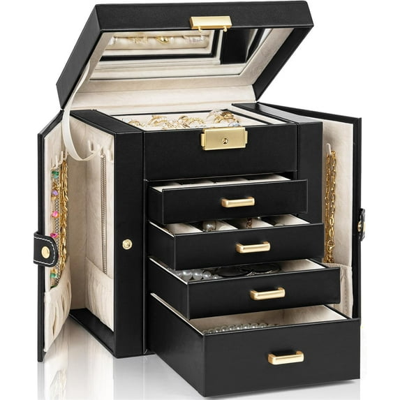 5-Tier Jewelry Box Leather Jewelry Storage Organizer with 4 Drawers Lockable for Women Girls Ring Necklace Earring Bracelet Watches Holder with Mirror Black