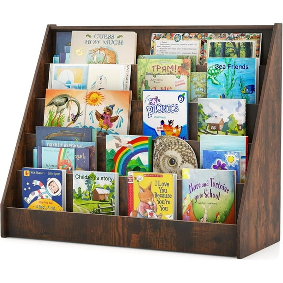 5-Tier Kids Bookshelf, Wooden Children Bookcase, Toddler Book Rack, Magazine Storage & Display Shelf, Book Shelf for Kids Room, Living Room, Nursery, Classroom (Brown)