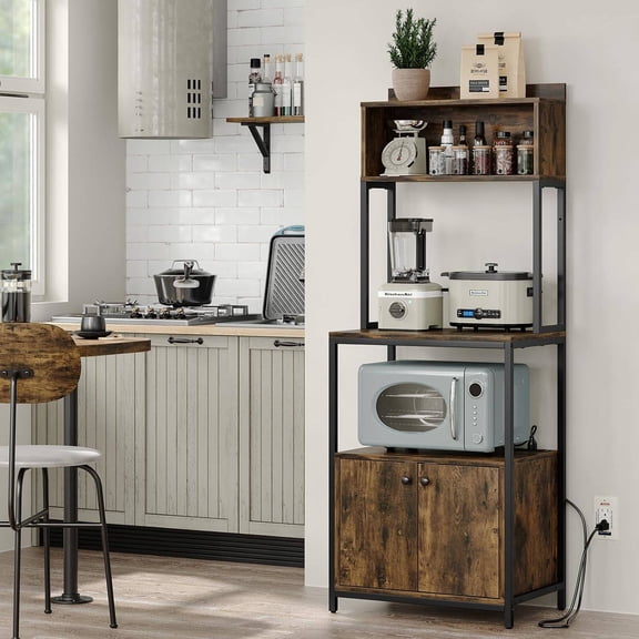 5-Tier Kitchen Baker's Rack with Power Outlets, Industrial Microwave Stand with Storage Cabinet and Coffee Cart (Brown)