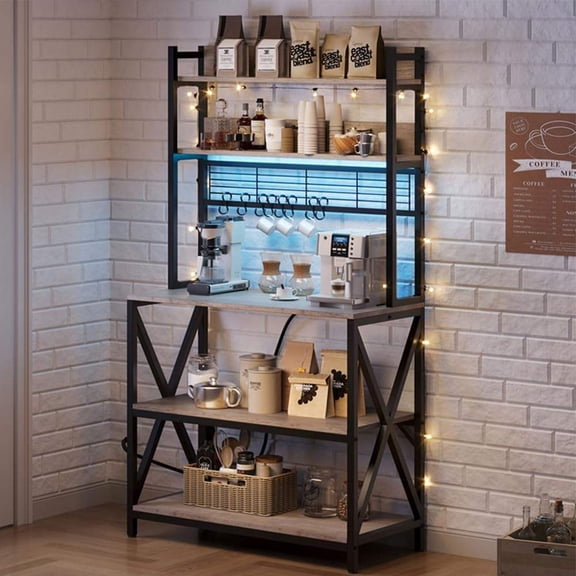 5-Tier Kitchen Baker's Rack with Power Outlets, USB Ports, LED Light Strip, Adjustable Feet & S-Hooks, Gray