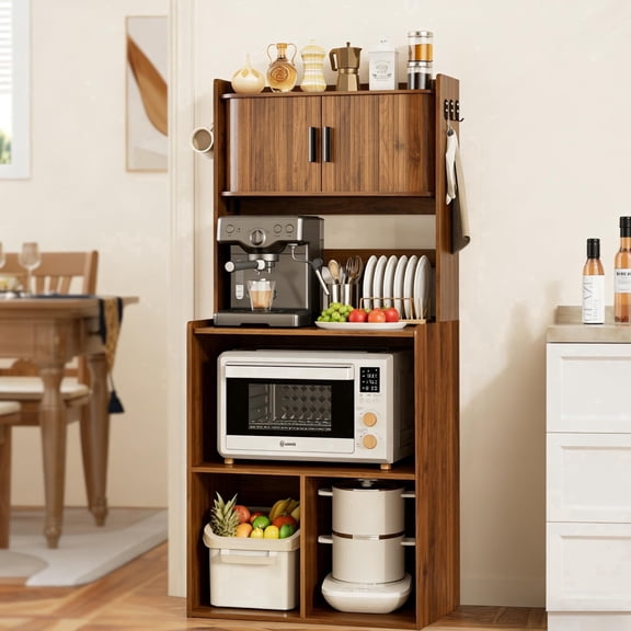 JEJEGORICH 5-Tier Kitchen Baker’s Rack with Storage, Microwave Stand Coffee Bar with Sliding Door, Hooks and Cable Holes