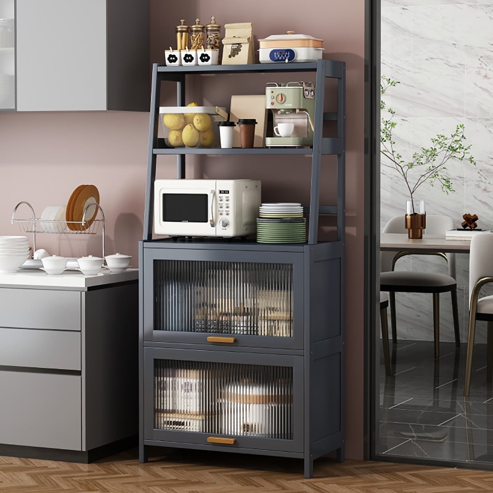 5 Tier Kitchen Bakers Rack with Cabinet Freestanding Kitchen Pantry Storage Cabinet with 2 Flip up Hover Acrylic Door Kitchen Storage Rack Buffet Cabinet Utility Storage Shelf 63In Walmart