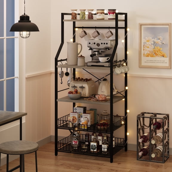 5-Tier Kitchen Bakers Rack – Sturdy Metal Microwave Oven Stand with 2 Large Wire Baskets – 8 Hooks for Spices & Cookware – Freestanding Coffee Bar Storage Shelf, Black & Gray
