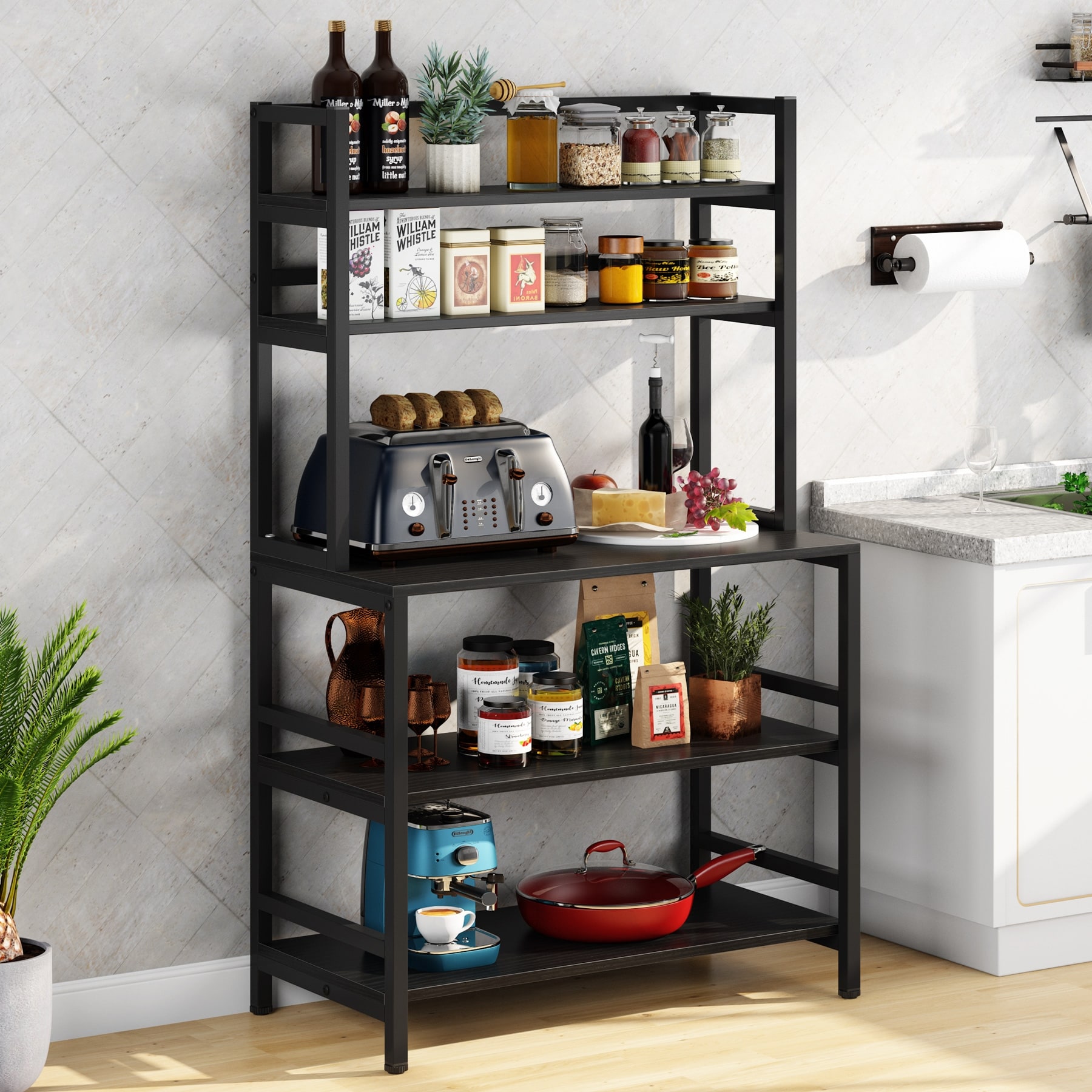 5-Tier Kitchen Bakers Rack Utility Storage Shelf Microwave Oven Stand, Industrial Microwave Cart Kitchen Stand with Hutch Black