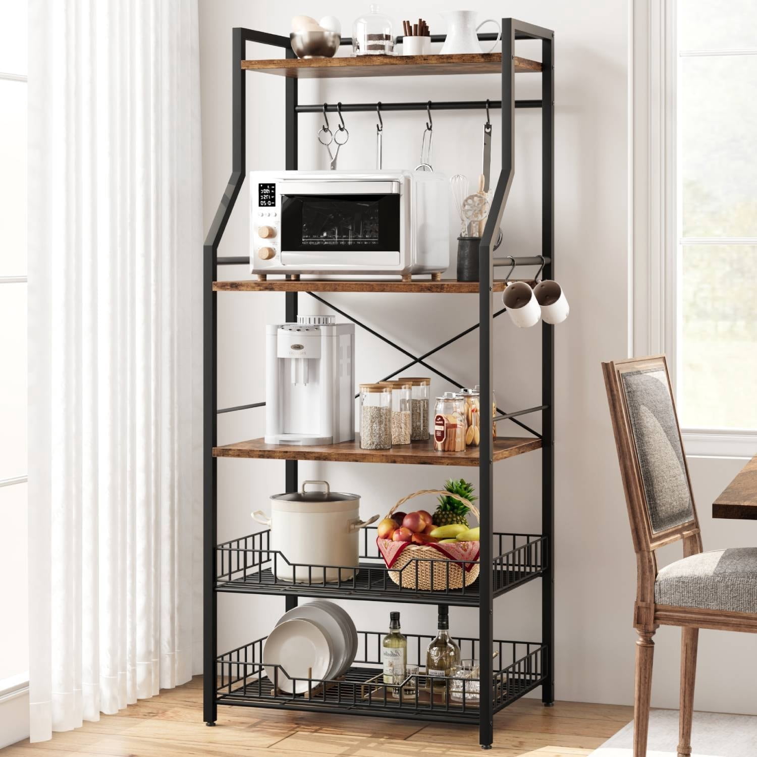 5-Tier Kitchen Bakers Rack with 2 Large Wire Baskets Brown - Walmart.com