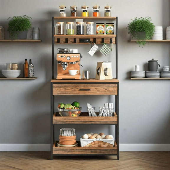 5-Tier Kitchen Bakers Rack with Power Outlets, Large Drawer & 6 Hooks, Microwave Stand for Kitchen, Dining & Living Room