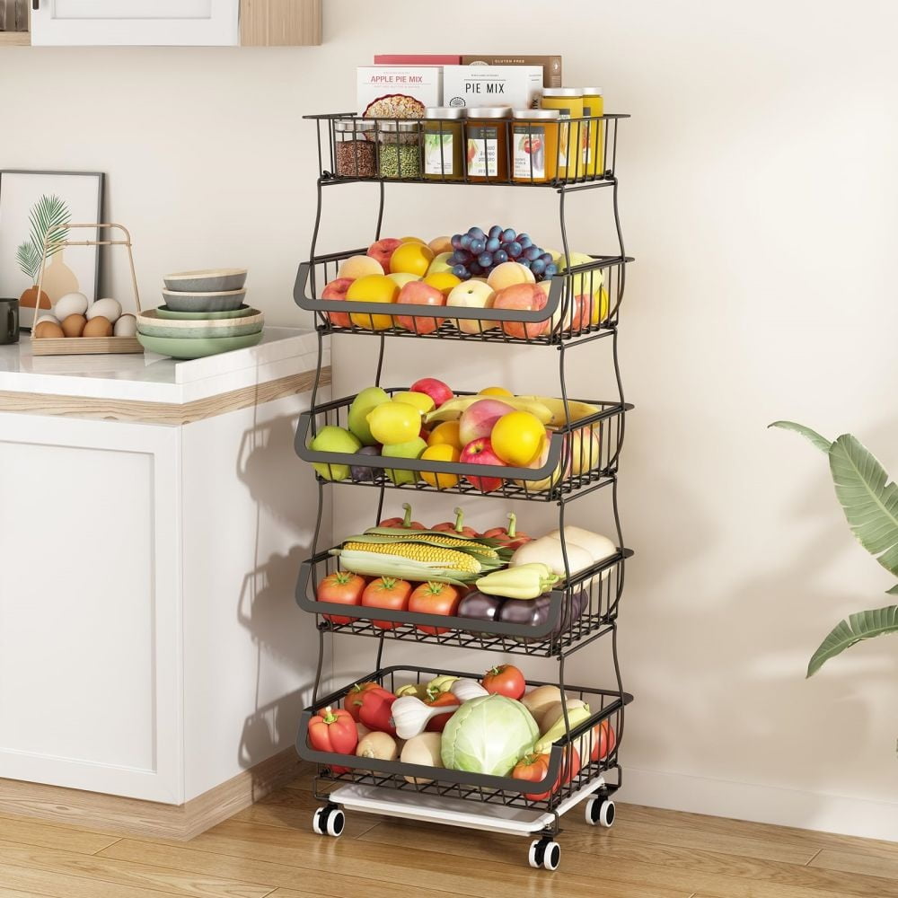 5 Tier Kitchen Fruit Vegetable Storage Cart, Vegetable Basket Bins for ...