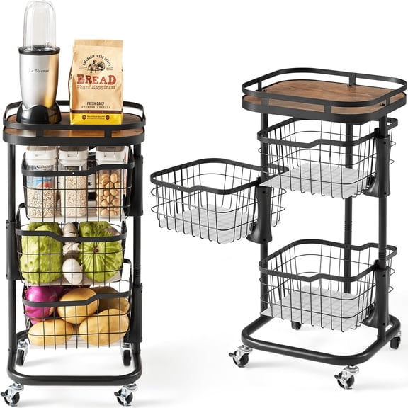 5 Tier Kitchen Fruit Vegetable Storage Cart with One-Piece Rotating Basket, Pantry Organizer Shelf Rack Floor Stand for Veggie Onion Potato Produce Spice, Rolling Snack Cart on Wheels, Black