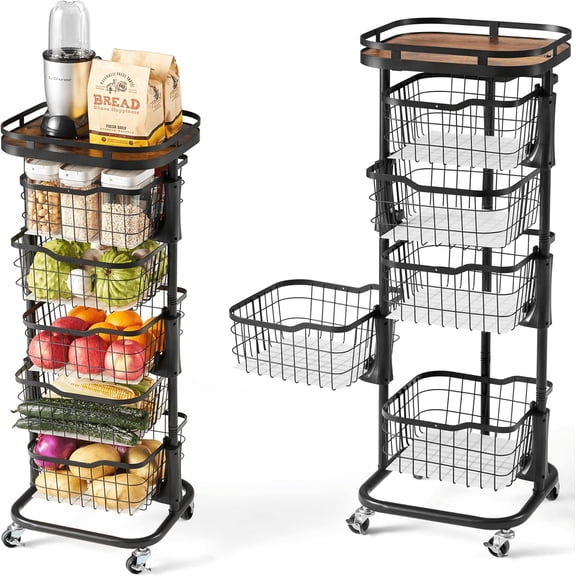 5 Tier Kitchen Fruit Vegetable Storage Cart with One-Piece Rotating Basket, Pantry Organizer Shelf Rack Floor Stand for Veggie Onion Potato Produce Spice, Rolling Snack Cart on Wheels, Black