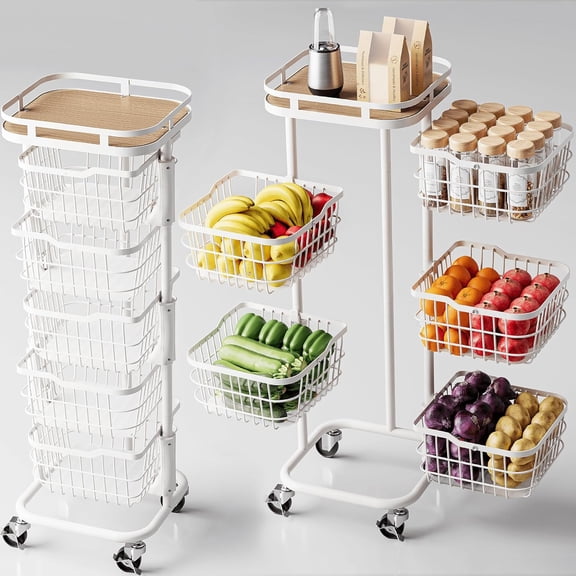 5 Tier Kitchen Storage Cart with Rotating Baskets and Wheels, White
