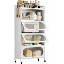 5-Tier Kitchen Pantry Storage Cabinet with Flip-up Doors, Metal Freestanding Cabinet with 4 Rooling Wheels, Bakers Rack with Storage Cabinet for Dining Study Kitchen Living Room (White)