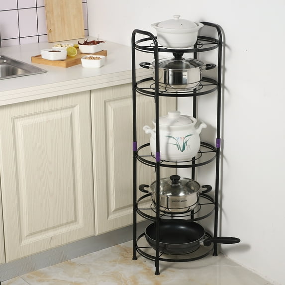 5-Tier Kitchen Pot Rack, Kitchen Storage Shelves Multifunctional Metal Corner Shelf Stand Standing Pot Rack for Organizer Stainless Steel Cookware Stand
