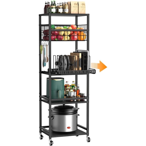 5 Tier Kitchen Rolling Cart, Storage Cart with Metal Fruit Vegetable Basket and Pull-Out Pot Lid Cutting Board Organizer, Storage Rack with Wooden Top for Kitchen, Pantry, Bathroom