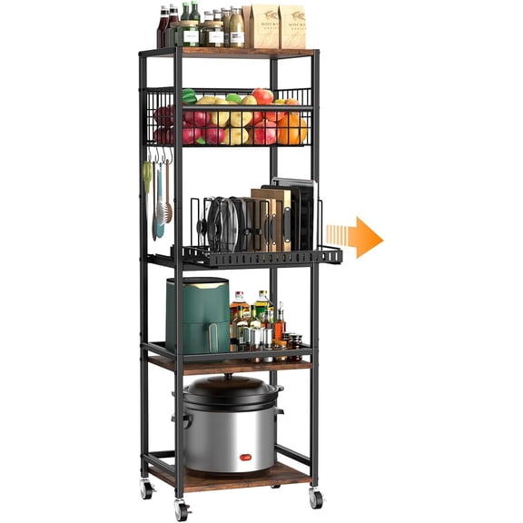 5 Tier Kitchen Rolling Cart, Storage Cart with Metal Fruit Vegetable Basket and Pull-Out Pot Lid Cutting Board Organizer, Storage Rack with Wooden Top for Kitchen, Pantry, Bathroom, Brown