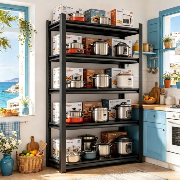 5-Tier Kitchen Shelves, 72''H Metal Kitchen Pantry Cabinet,1000LBS Capacity Open Storage Shelves,Adjustable Storage Shelves,for Kitchen, Pantry, Bathroom,Metal, Premium Black 72"Hx36''Wx18''D