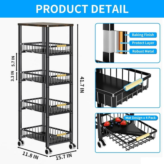 5 Tier Kitchen Storage Basket with Wood Top, Pull-Out Wire Baskets, 4 Mats, Wheels for Fruits Vegetables Onions Potatoes