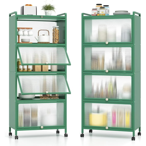 5-Tier Kitchen Storage Cabinet, Mobile Microwave Stand with Flip-up PC Doors, Freestanding Kitchen Bakers Rack with 4 Rolling Casters, for Dining Room, Living Room and Study, Green