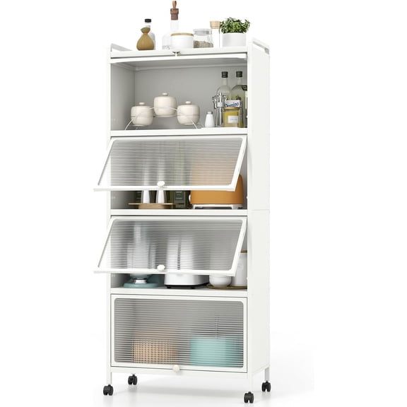 5-Tier Kitchen Storage Cabinet | Mobile Microwave Stand with Metal Frame | 4 Lockable Casters & Flip-up PC Doors | Freestanding Bakers Rack for Kitchen, Dining & Living Room