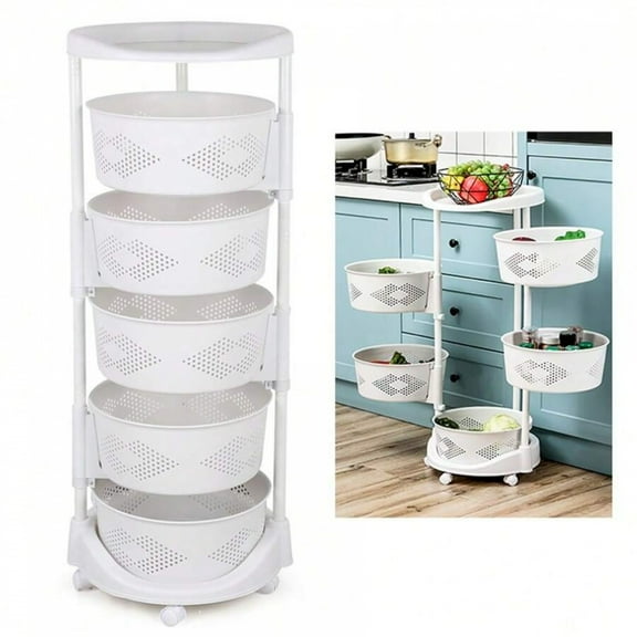 5-Tier Kitchen Storage Cart - Rotating Basket Vegetable Fruit Trolley Rack, Multi-Layer Storage Shelves with Wheels