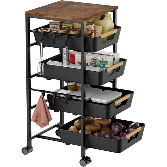 5-Tier Kitchen Storage Cart, Wood Top Rolling Cart Organizer with Pull-Out Baskets & Wheels, Metal Snack Cart with Holder for Fruit, Vegetable, Microwave, Kitchen, Pantry, Black