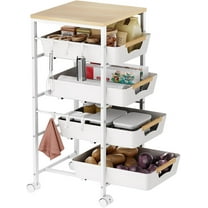 5-Tier Kitchen Storage Cart Wood Top Rolling Cart Organizer with Pull-Out Baskets Wheels Metal Snack Cart with Holder for Fruit Vegetable Microwave Kitchen Pantry White