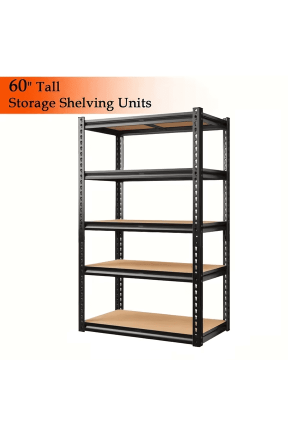 Heavy Duty 5-Tier Metal Shelving Unit, 60" Adjustable 2000lbs Capacity Garage Storage Rack, Utility Shelf for Kitchen, Basement, Warehouse, Living Room, Black