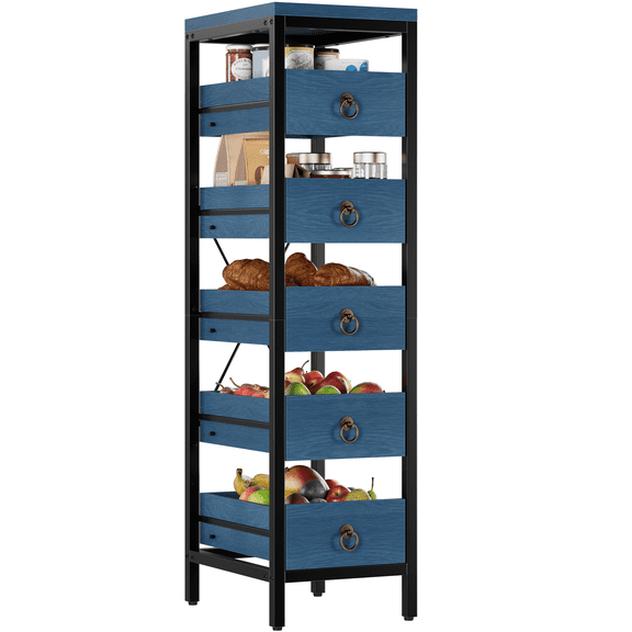 5-Tier Kitchen Storage Rack Narrow Storage Shelf – Pull-Out Drawer Baskets Multi-Purpose Metal Organizer, Space-Saving for Fruit Vegetables Snacks – Kitchen Living Room Bathroom – Denim Blue