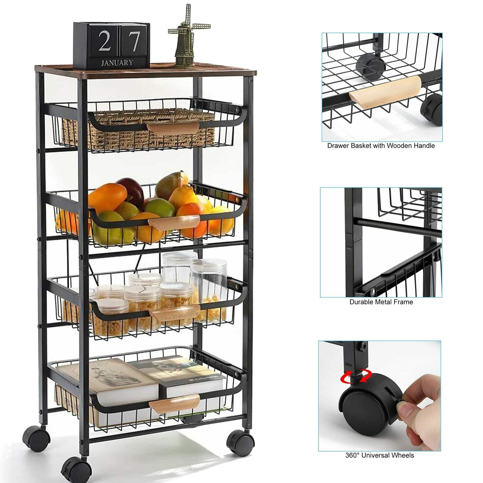 5 Tier Kitchen Storage Rolling Cart Multipurpose Metal Wire Basket
