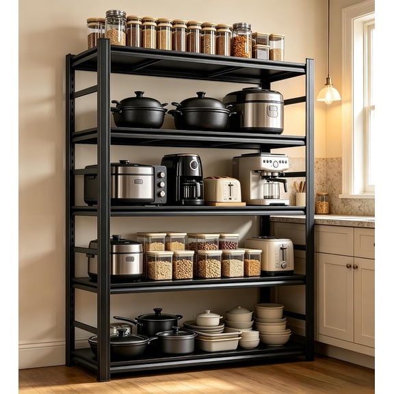 5-Tier Kitchen Storage Shelves, 2500LBS Heavy Duty Garage Metal Shelving Unit, 72" H Adjustable Pantry shelves, Industrial Storage Rack, Microwave Stand & Bakers Rack for Home Office, Garage - Black
