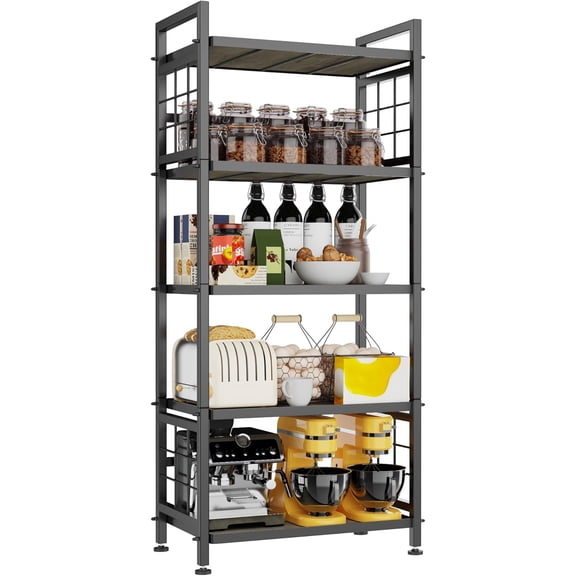 5-Tier Kitchen Storage with Wooden Boards, Heavy Duty Storage Shelves & Bookshelf, Adjustable Metal Shelving Unit for Garage Kitchen Bathroom Laundry Organizer, 750LB Capacity, Black