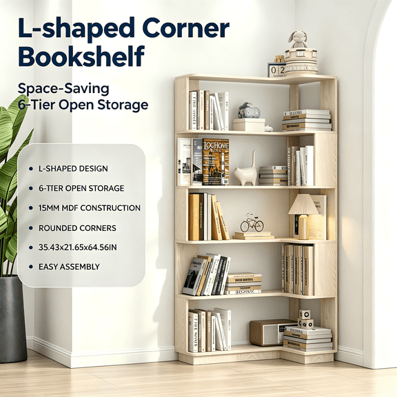 5-Tier L-Shaped Corner Bookcase with 6 Open Shelves, 35.43" Freestanding Corner Bookshelf with Anti-Tip Kit for Living Room, Bedroom, Home Office, White