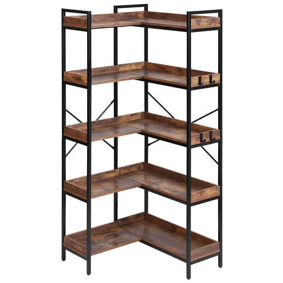 5-Tier L-Shaped Corner Bookcase, 65.4" Tall Metal Frame&Wooden Shelf Display Unit for Office, Living Room, Bedroom Storage