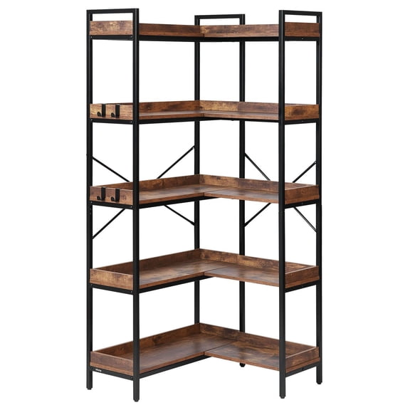 5-Tier L-Shaped Corner Bookcase, 65.4" Tall Metal Frame & Wooden Shelf Display Unit for Office, Living Room, Bedroom Storage