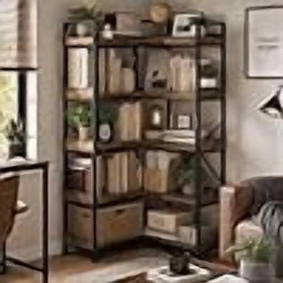 5 Tier L-Shaped Corner Bookshelf, Convertible 2-in-1 Bookcase with 10 Open Shelves, Hooks, Adjustable Foot Pads, Carbon Steel Frame, Up to 55 lb per Shelf