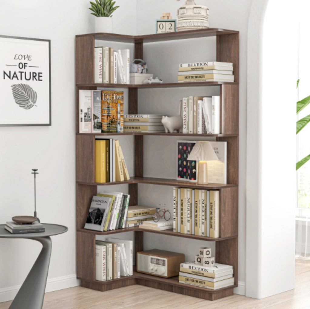 5-Tier L-Shaped Corner Bookshelf, 35.43" Freestanding Wooden Bookcase with Anti-Drop Panels & Anti-Tip Device, Open Display Storage for Living Room, Bedroom & Home Office, Dark Brown