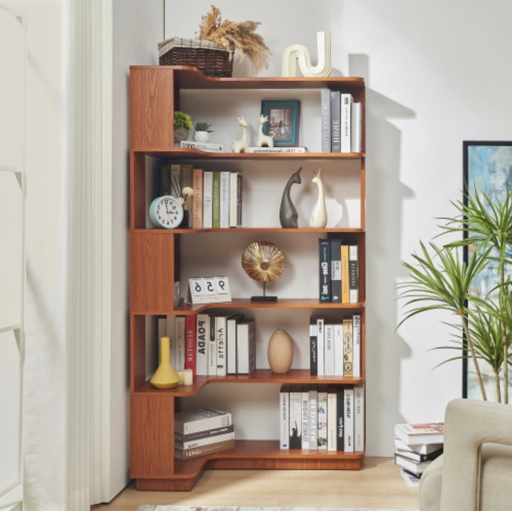 5-Tier L-Shaped Corner Bookshelf, 35.43" Freestanding Wooden Bookcase with Anti-Drop Panels & Anti-Tip Device, Open Display Storage for Living Room, Bedroom & Home Office, Dark Oak
