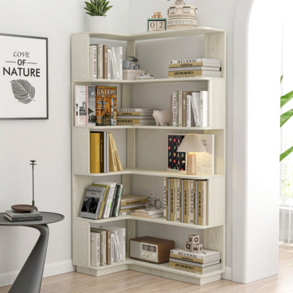 5-Tier L-Shaped Corner Bookshelf, 35.43" Freestanding Wooden Bookcase with Anti-Drop Panels & Anti-Tip Device, Open Display Storage for Living Room, Bedroom & Home Office, White