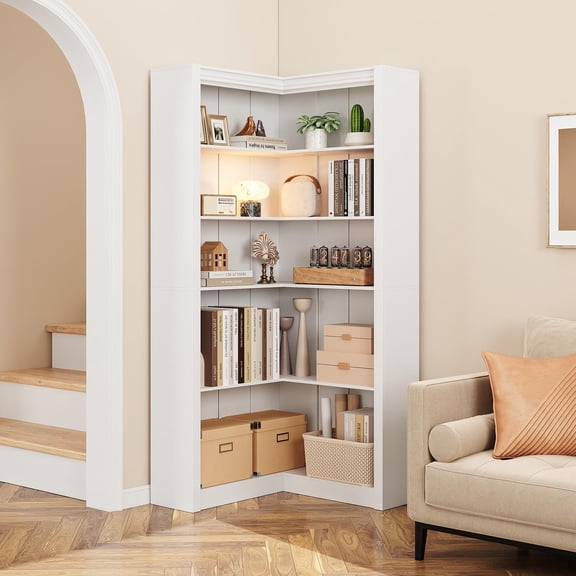 5-Tier L-Shaped Corner Bookshelf, Tall Freestanding Bookcase with Open Shelves for Living Room Bedroom Home Office, Industrial Wood Book Shelf Storage Display Rack, White Embossed
