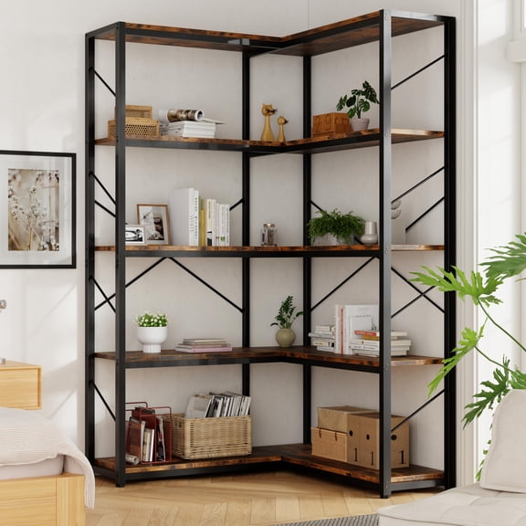 5-Tier L-Shaped Corner Bookshelf With Metal Frame, Rustic Brown