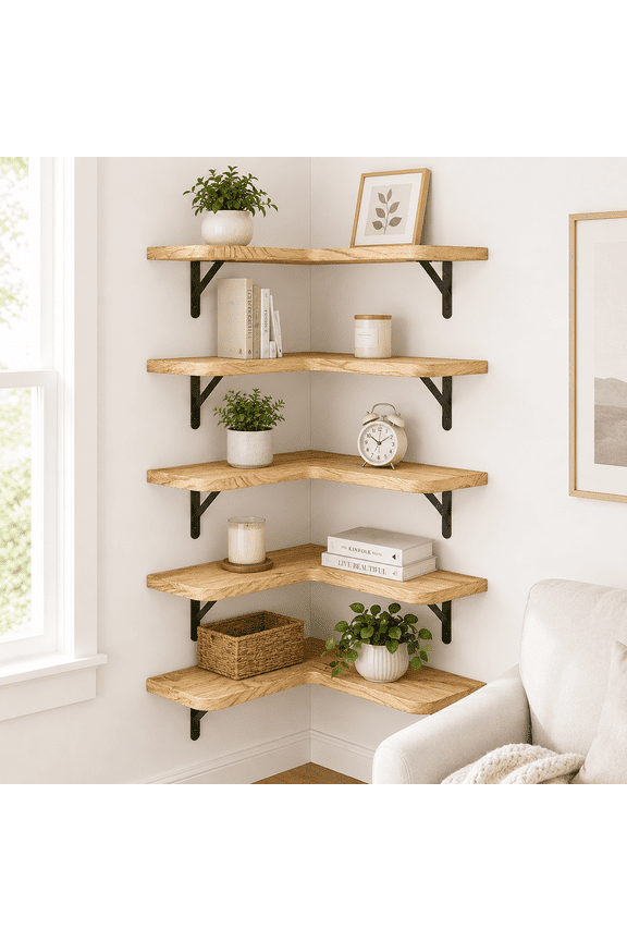 5-Tier L-Shaped Floating Corner Shelves, Wall Mounted Paulownia Wood Shelf with Metal Brackets for Bedroom, Bathroom, Kitchen