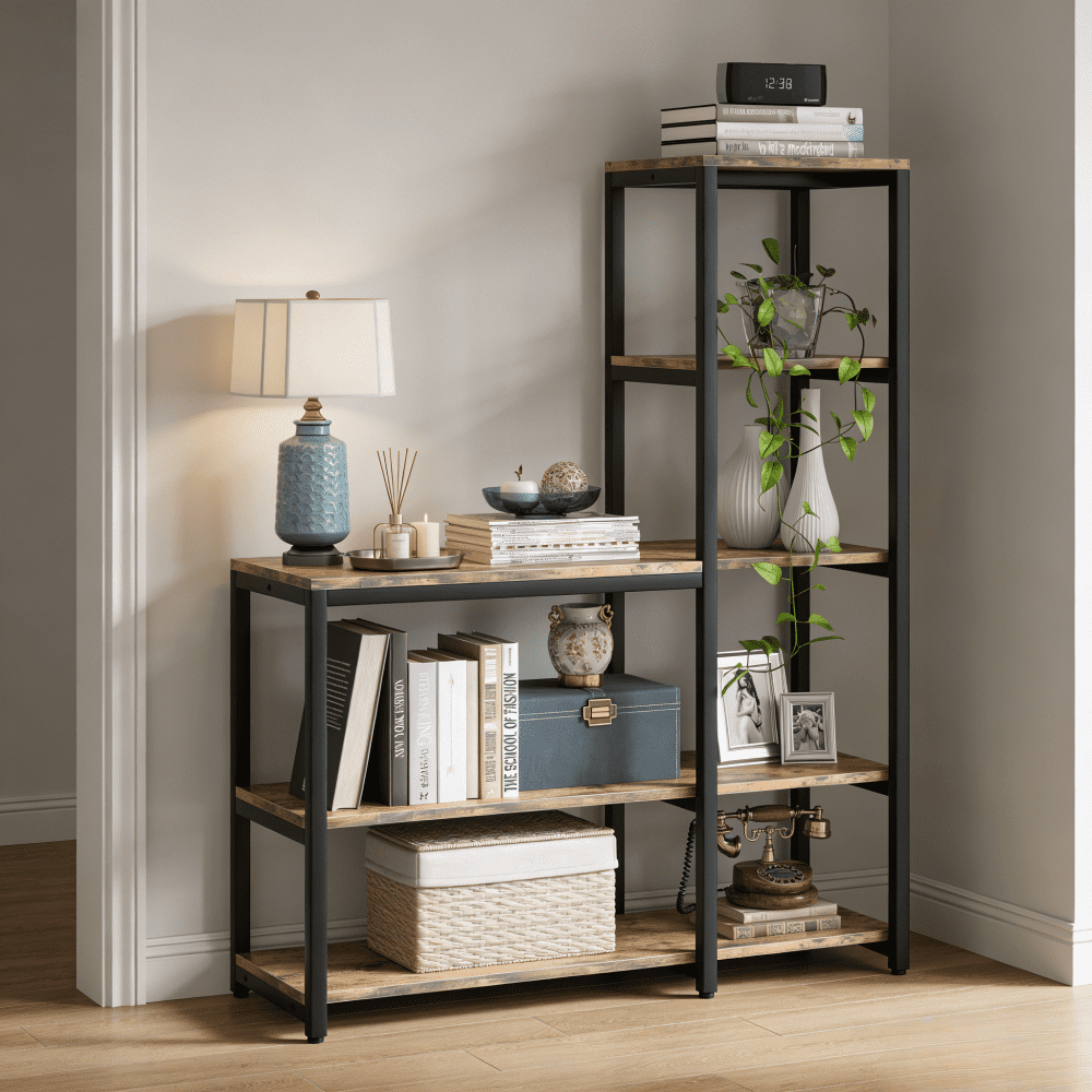 Stepped Rack 5-Tier L-Shaped Stepped Bookshelf 57In Vintage Industrial Metal Frame ...