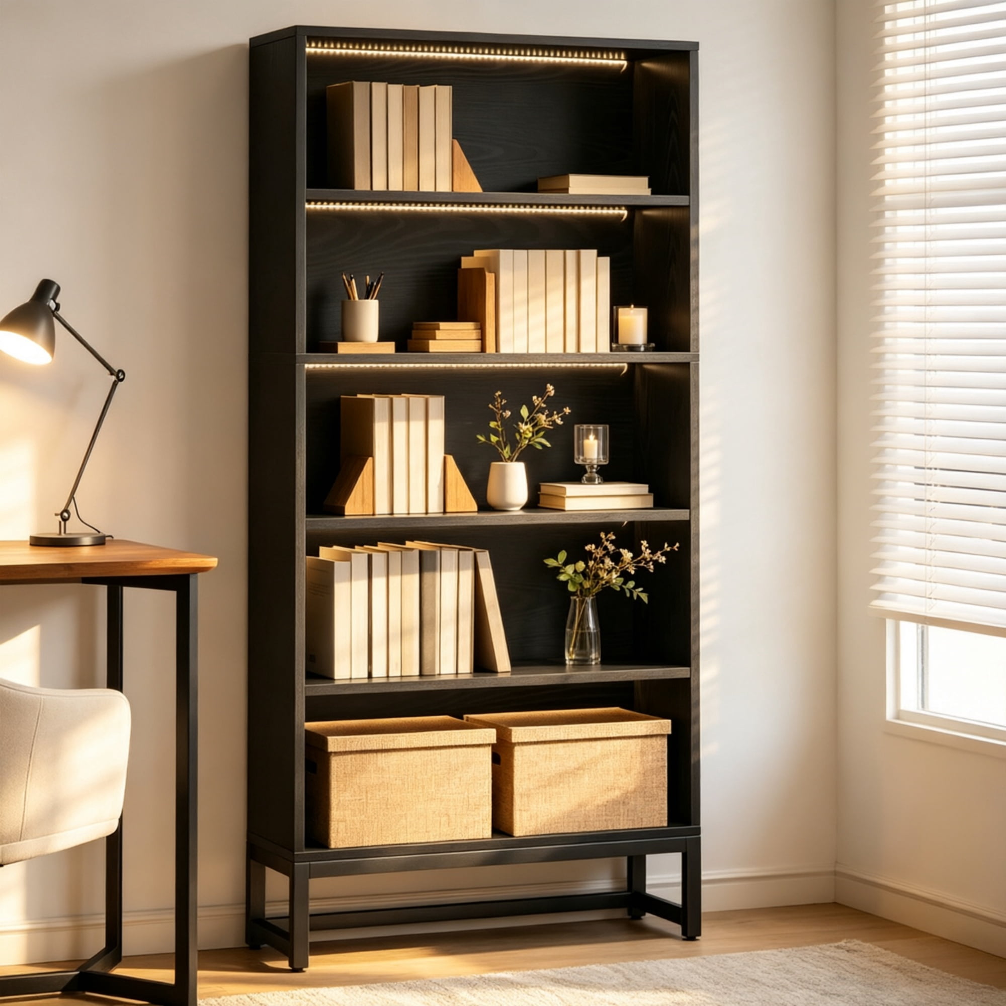 5-Tier LED Bookshelf, Modern Tall Bookcase with Adjustable Shelves, 70.87 in Height, Particle Board, 529 lb Capacity