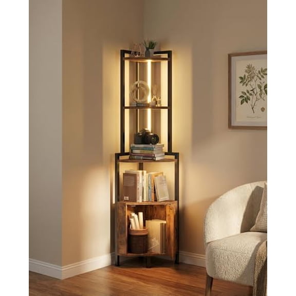 5-Tier LED Corner Cabinet Shelf - Rustic Brown Space-Saving Storage Organizer with Ambient Lighting, Freestanding Modern Farmhouse Shelf for Small Spaces$$Home Decor, Kitchen, & Other