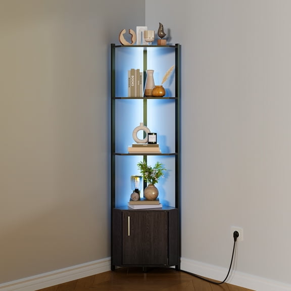 5-Tier LED Corner Shelf with Adjustable Brightness & Strip Lights, 58" Tall Metal Frame Wooden Display Stand with Cabinet, Space-Saving Organizer for Living Room, Bedroom, Kitchen, Bathroom