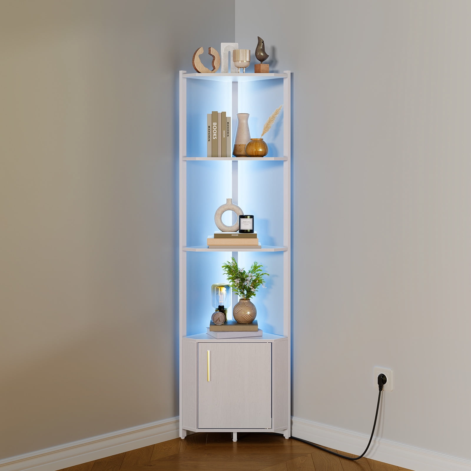 5-Tier LED Corner Shelf Rack – Modern Metal & Wood Corner Bookcase with ...