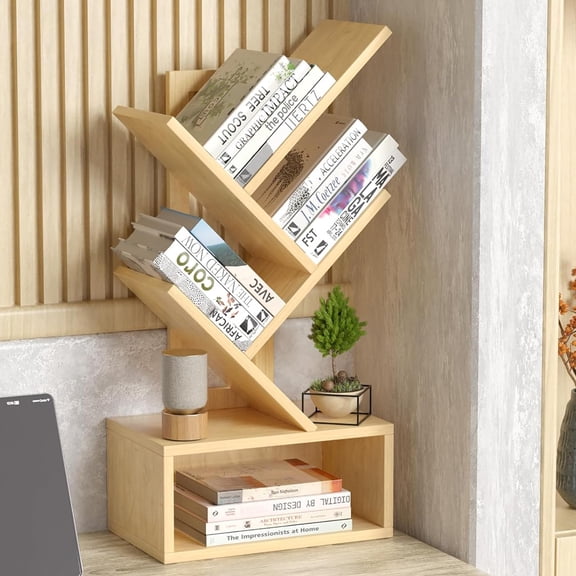 5 Tier LEYAOYAO Tree Bookshelf, Desktop Bookshelf Floor Standing Bookcase Display for CDs/Books, Book Organizer Shelves for Office, Natural