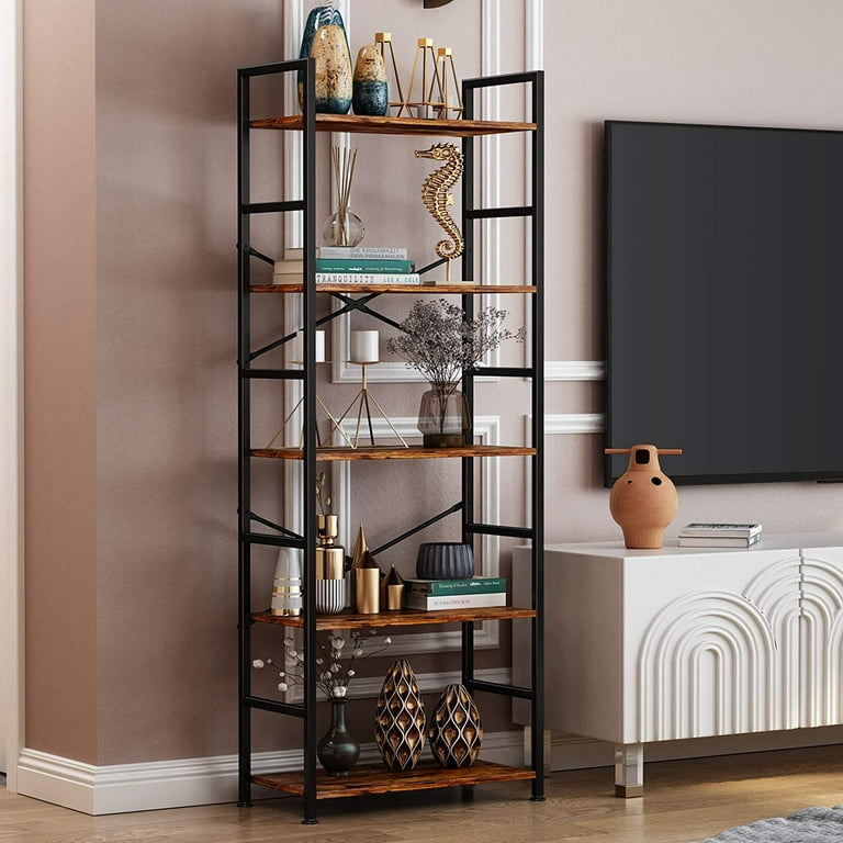 5 Tier Ladder Bookshelf, Blarity Industrial Open Bookcase Storage  Organizer, Modern Tall Book Shelf for Bedroom, Living Room and Home Office,  Rustic Brown 