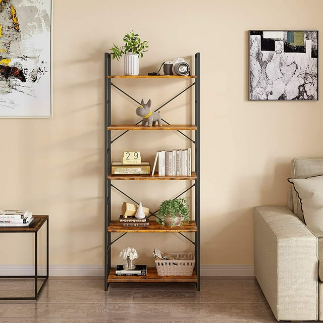 KKL 5 Tier Industrial Bookshelf with Large Space, Metal & Wood Style ...