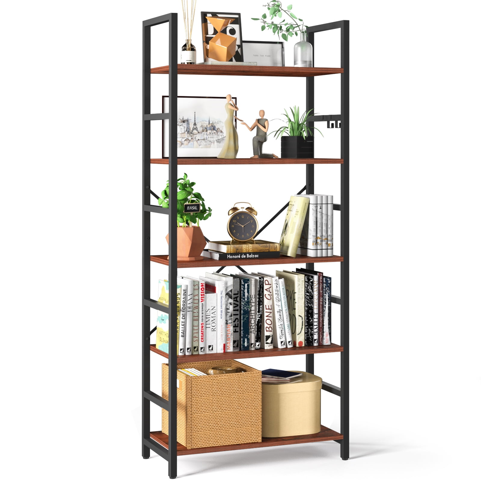 5 Tier Ladder Bookshelf , Modern Tall Book Shelf , Rustic Book Case